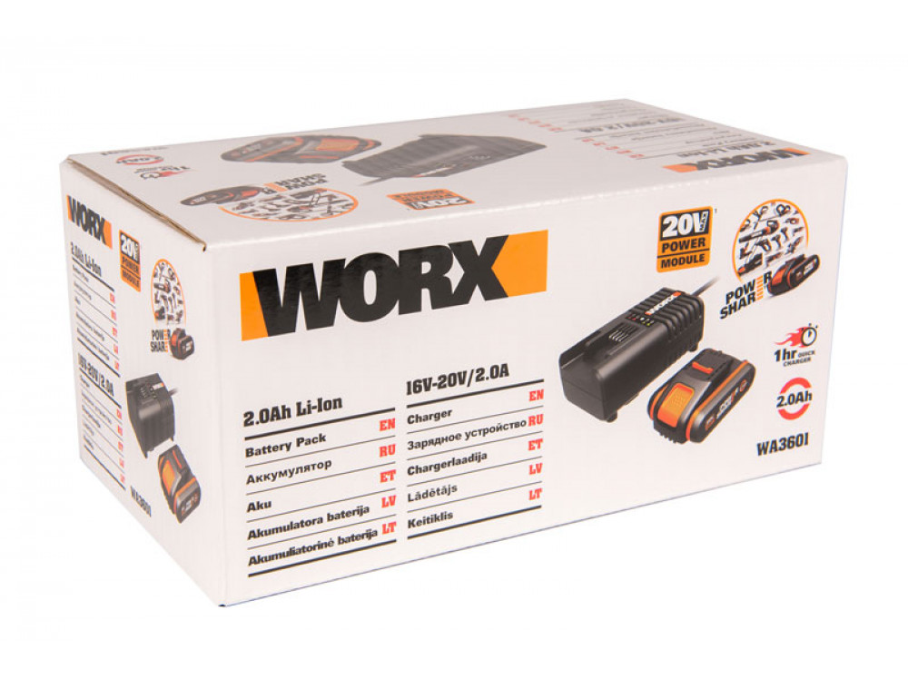 Комплект WORX WA3601: 1 аккумулятор 2 Ач и зарядное устройство на 2А Комплект WORX WA3601: 1 аккумулятор 2 Ач и зарядное устройство на 2А