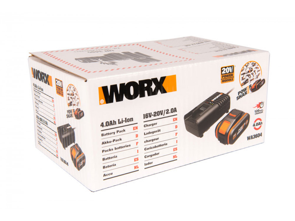 Комплект WORX WA3604: 1 аккумулятор 4 Ач и зарядное устройство на 2А Комплект WORX WA3604: 1 аккумулятор 4 Ач и зарядное устройство на 2А