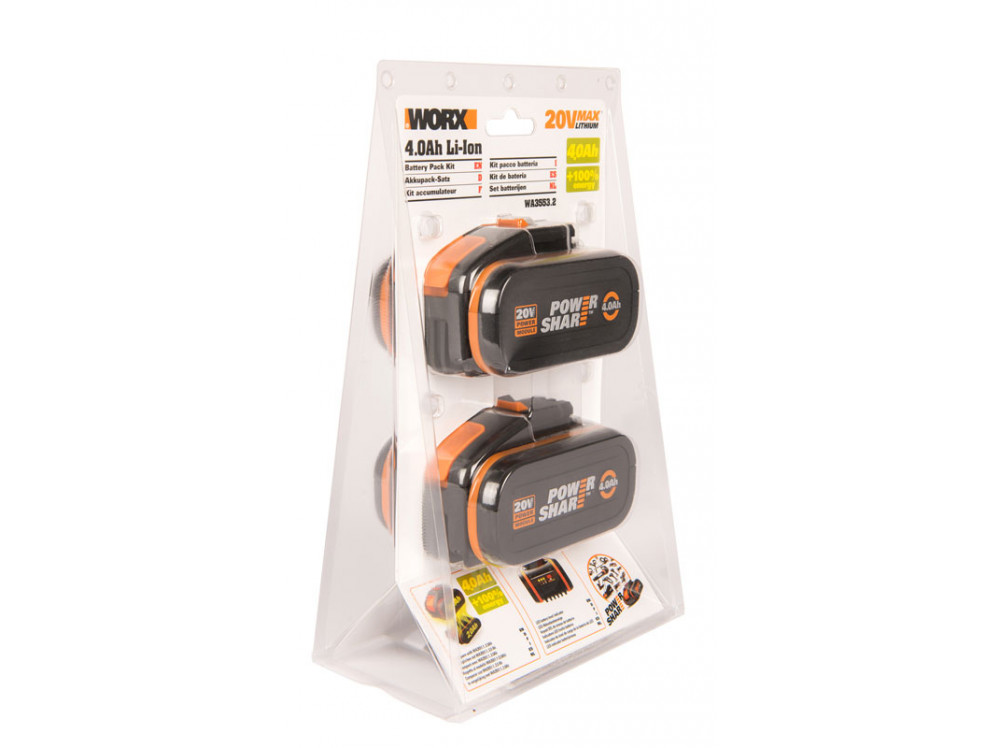 Комплект WORX WA3553.2: 2х аккумулятор 2*20В 4.0 А/ч . Комплект WORX WA3553.2: 2х аккумулятор 2*20В 4.0 А/ч .
