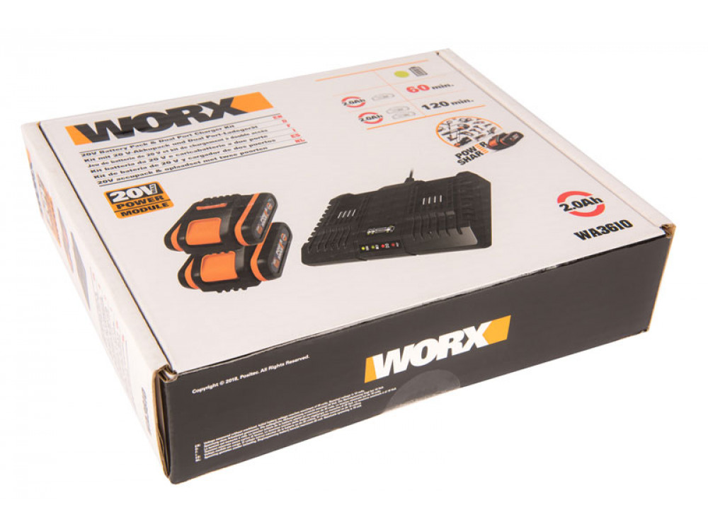Комплект WORX WA3610: Двойное зарядное устройство WORX WA3869 + 2 Акб 2.0 А/ч