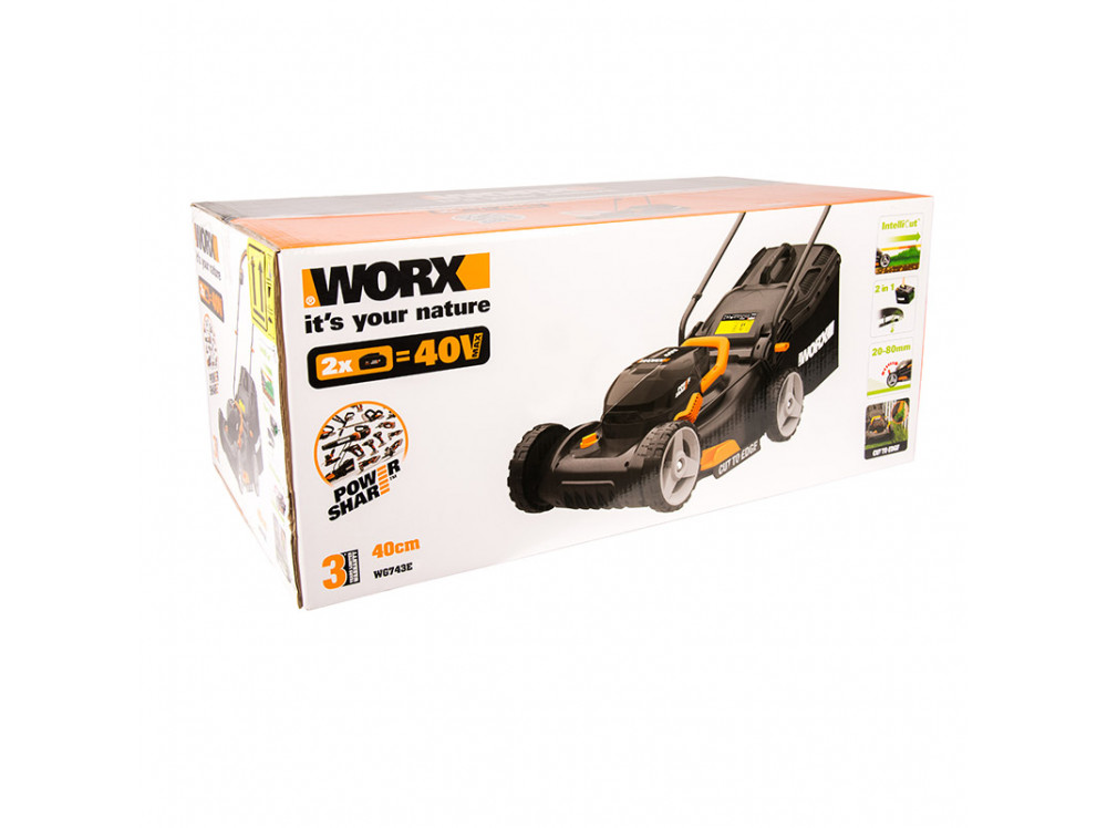 Газонокосилка аккумуляторная WORX, 40В (2×20В), 40см, 4Ач х2, двойное ЗУ Газонокосилка аккумуляторная WORX, 40В (2×20В), 40см, 4Ач х2, двойное ЗУ