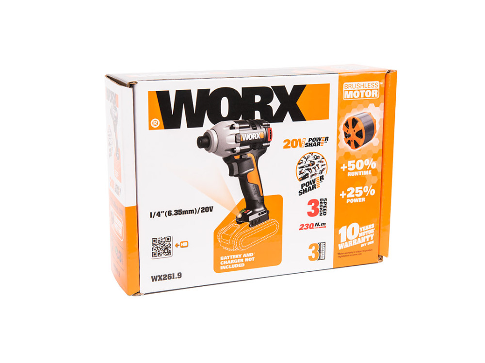 Винтоверт ударный бесщеточный аккумуляторный WORX WX261.9 Винтоверт ударный бесщеточный аккумуляторный WORX WX261.9