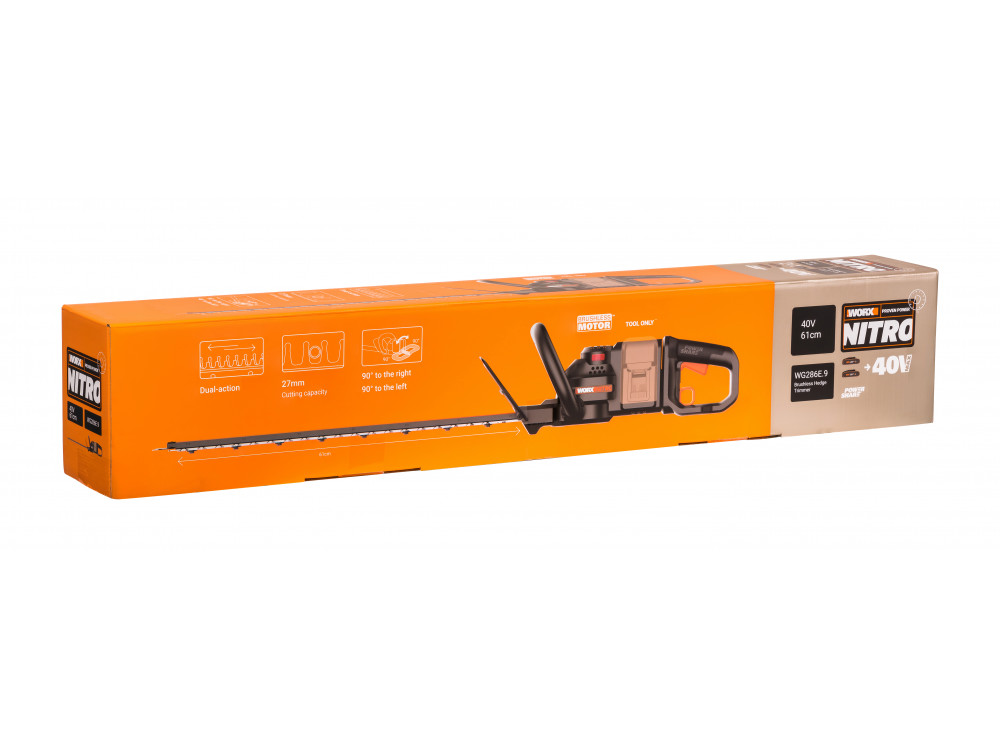 Кусторез аккумуляторный бесщёточный WORX WG286E.9, 40В, 61 см, без АКБ и ЗУ Кусторез аккумуляторный бесщёточный WORX WG286E.9, 40В, 61 см, без АКБ и ЗУ