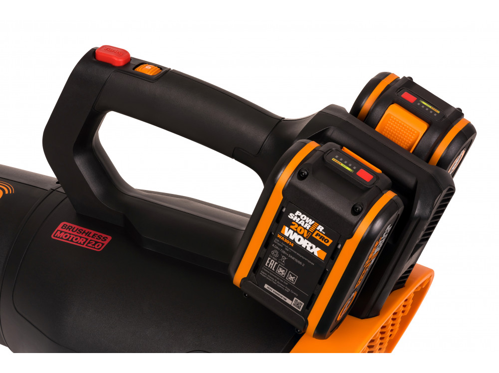 Воздуходувка аккумуляторная бесщеточная WORX WG581E, 40В, 4 Ач х2, двойное ЗУ 2x1A Воздуходувка аккумуляторная бесщеточная WORX WG581E, 40В, 4 Ач х2, двойное ЗУ 2x1A
